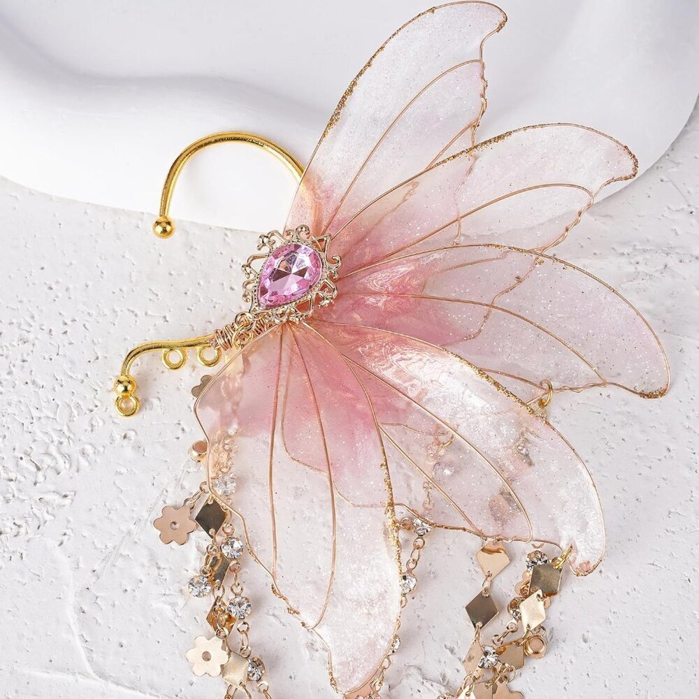 Fairy Elf Ear Cuffs Non Piercing Earrings Cosplay Fairy Wings Pink Women - Picture 5 of 6